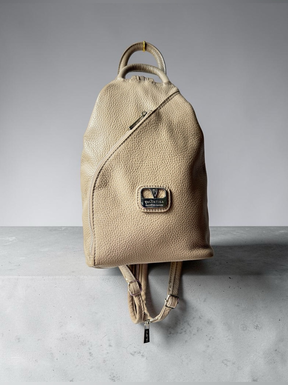 Valentina Italian Pebbled Leather Backpack Taupe Genuine Leather Made in Italy